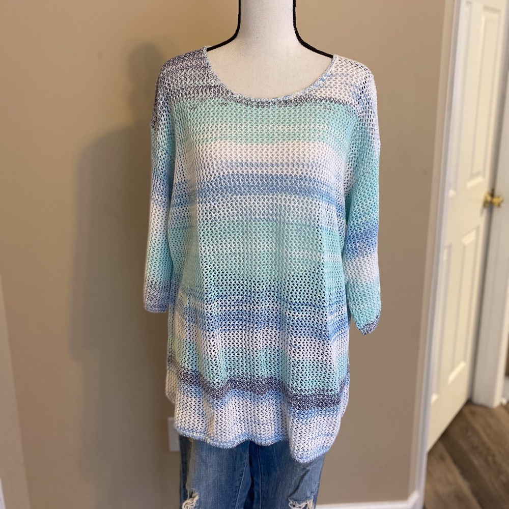 J. Jill Blue Striped Crocheted Sweater XL